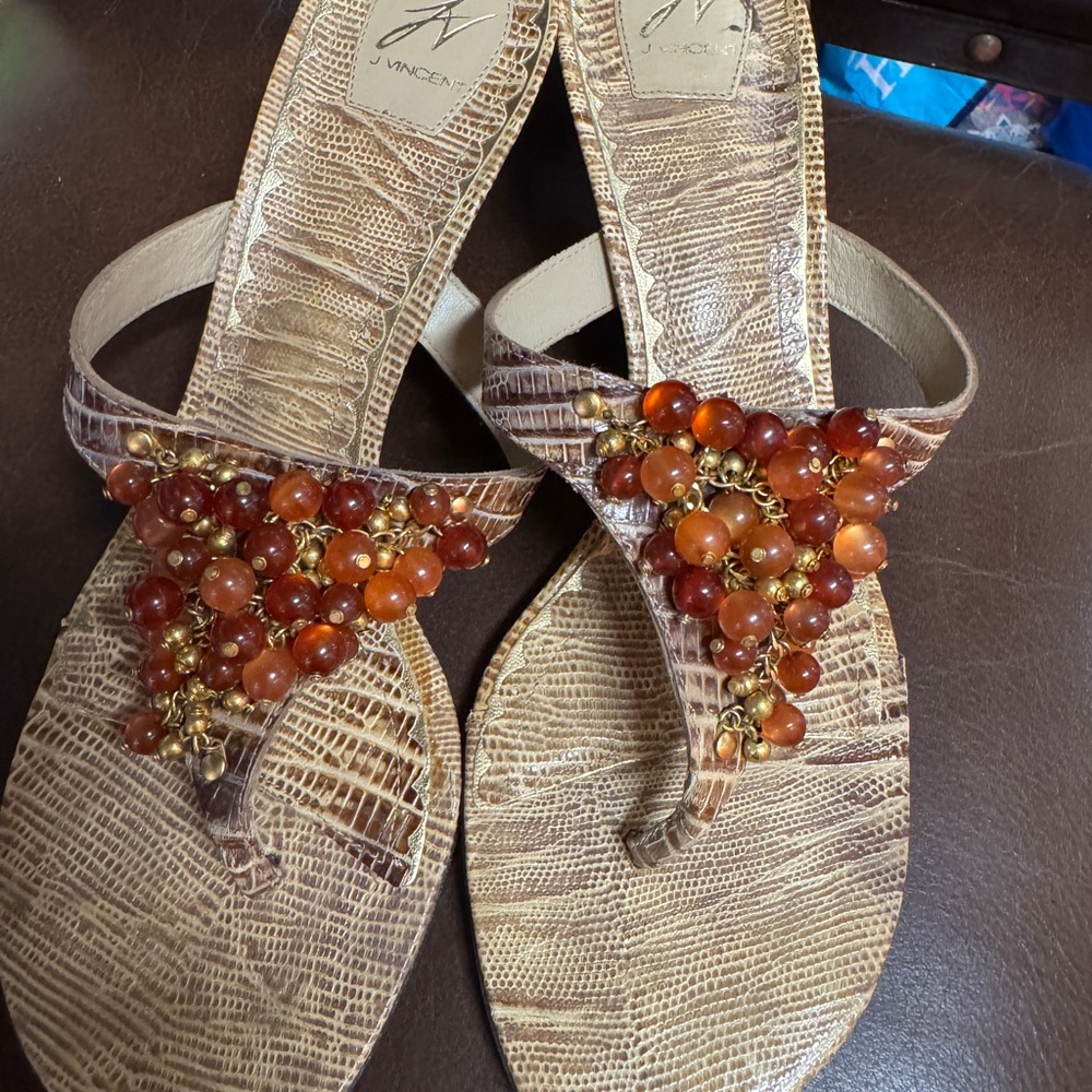 J Vincent Tan and Orange Sandals with Amber  Beadwork